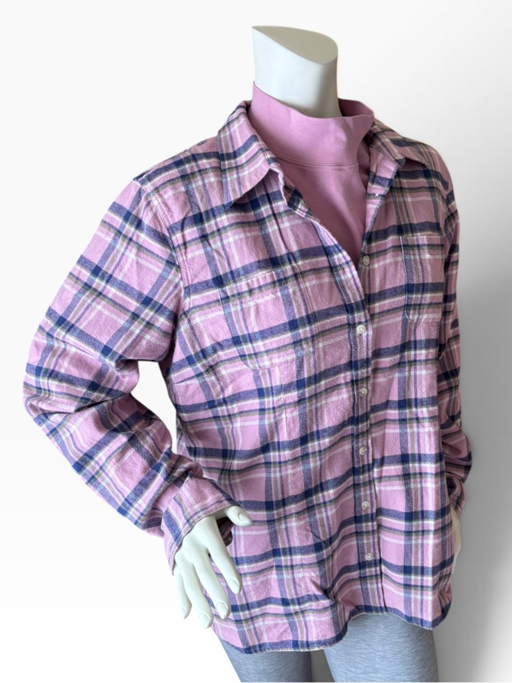 L.L. Bean 2-Piece Cotton Pink Plaid Button-Down Shirt  & Mock Neck Top, Large